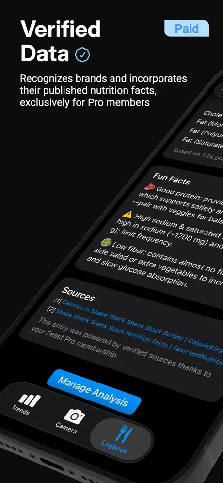 First-party Feast product artwork depicting a Sources section and Manage Analysis control